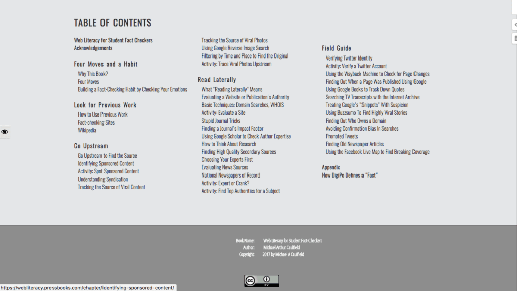 table of contents Web Literacy for Student Fact Checkers