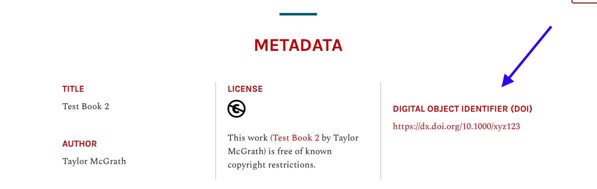 Shows the display of the web book metadata in a Pressbooks webbook.