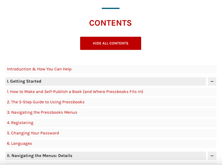 The new table of contents for Pressbooks webbooks