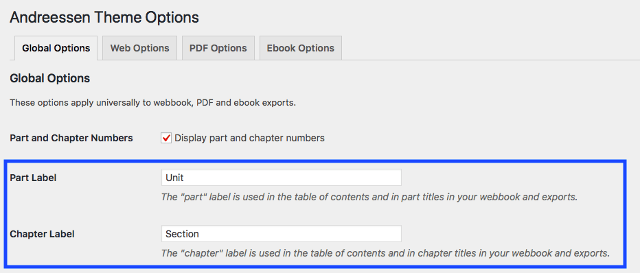 You can customize your chapter and part labels under Theme Options - Global Options.