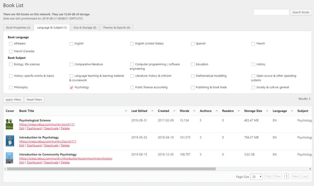 The new Books List in PressbooksEDU lets you sort and filter books by language, subject, size, exports and book properties. 