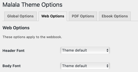 Malala Theme Options window, with Web Options tab selected