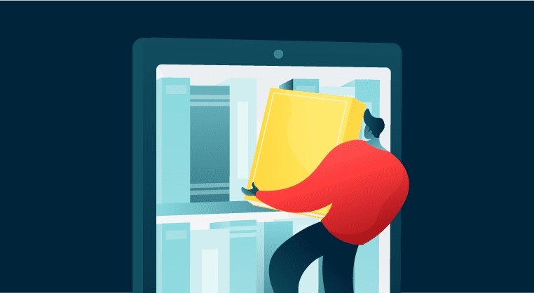 An illustration of someone lifting a book into a bookshelf