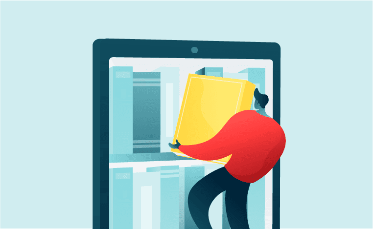 An illustration of someone lifting a book into a bookshelf