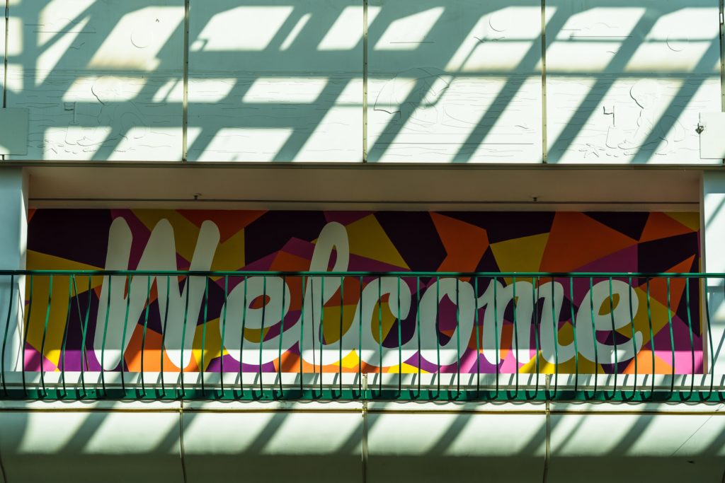 A colourful welcome sign