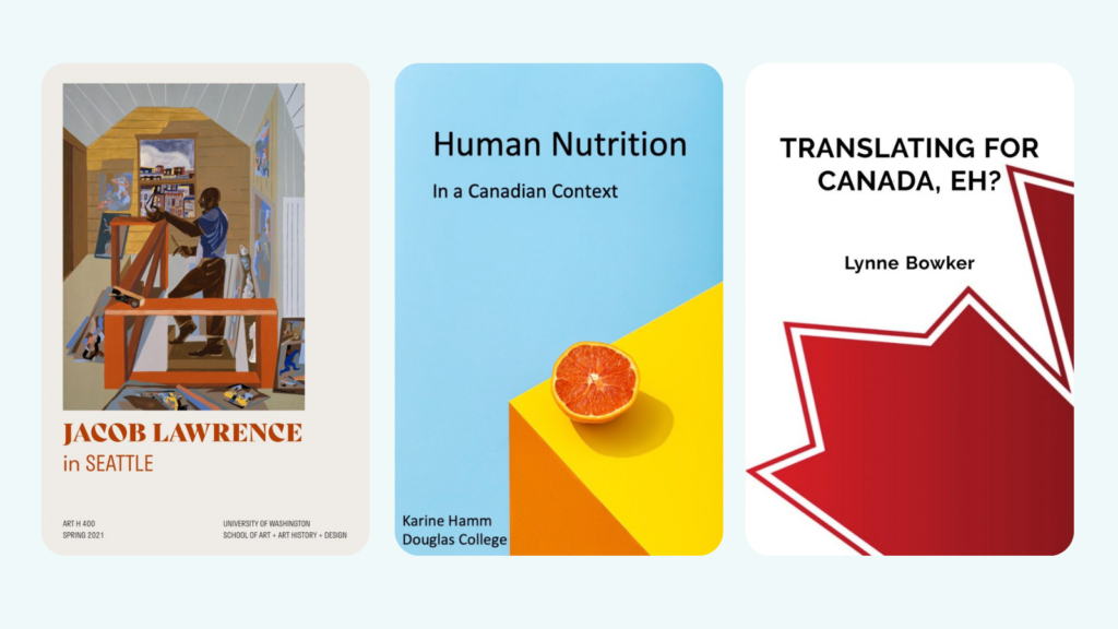 3 book covers. 1. Jacob Lawrence in Seattle. 2. Human Nutrition In a Canadian Context. 3. Translating for Canada, Eh?