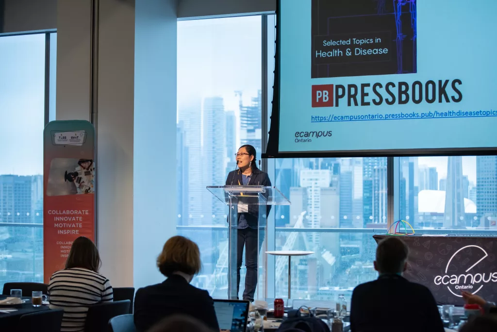 A person gives a talk about Pressbooks at an eCampusOntario event