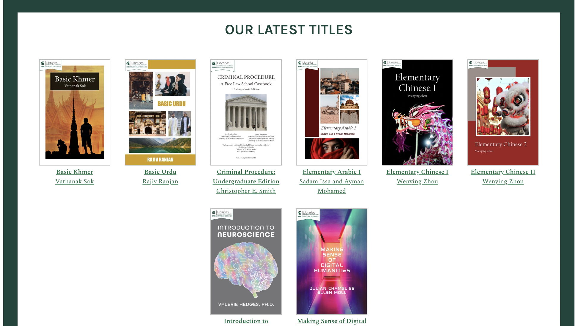 Enterprise Pressbooks network for Michigan State showcasing their latest titles