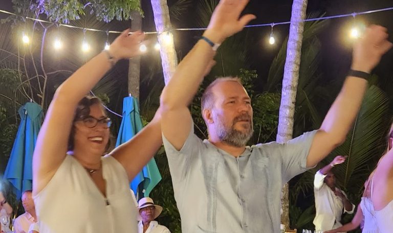 Pressbooks leaders Hugh and Basak dancing at a wedding