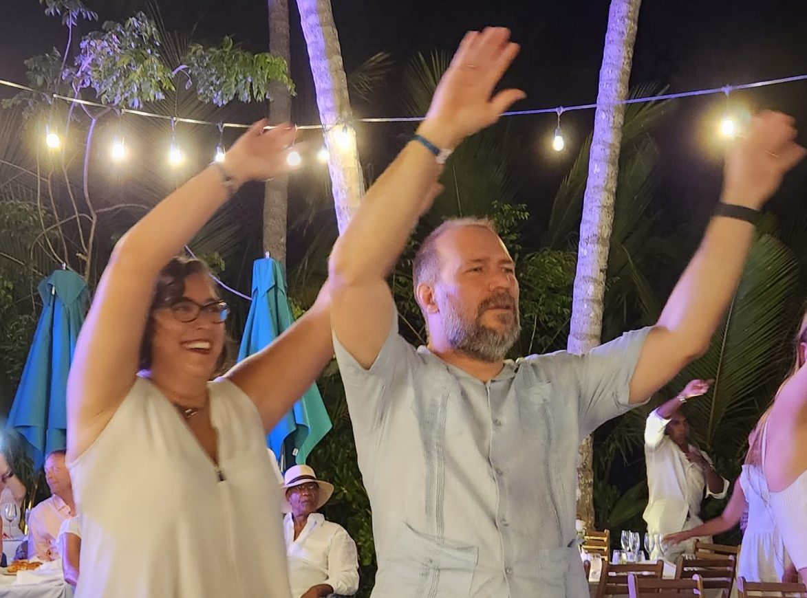 Pressbooks leaders Hugh and Basak dancing at a wedding