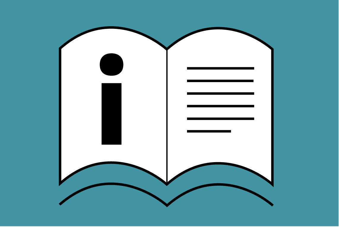 blue background with a white book open with an information sign