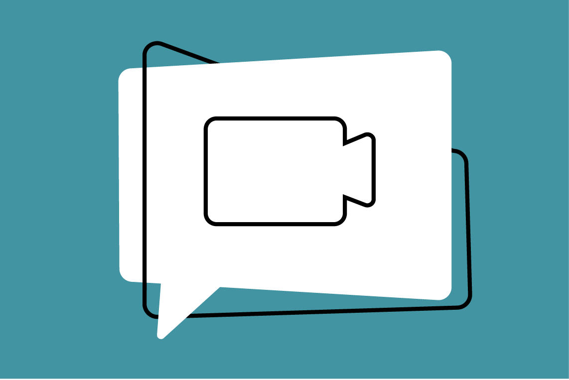 white chat bubble with outline of a video camera