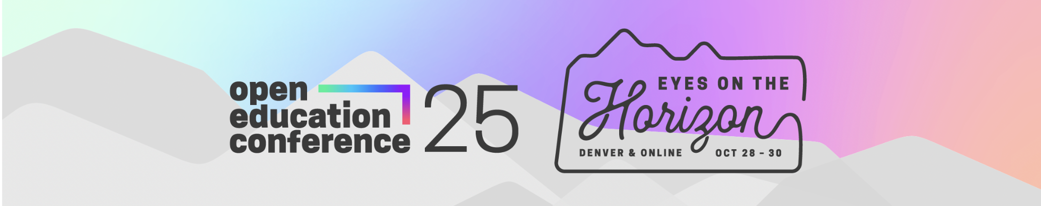 open education conference eyes on the horizon purple background with logo and grey mountains