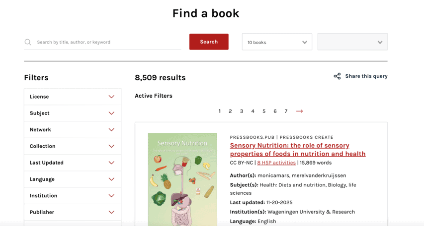 screenshot showing the "find a book" function on the Pressbooks Directory