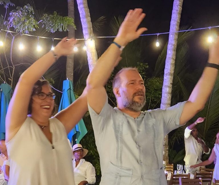 Pressbooks leaders Hugh and Basak dancing at a wedding