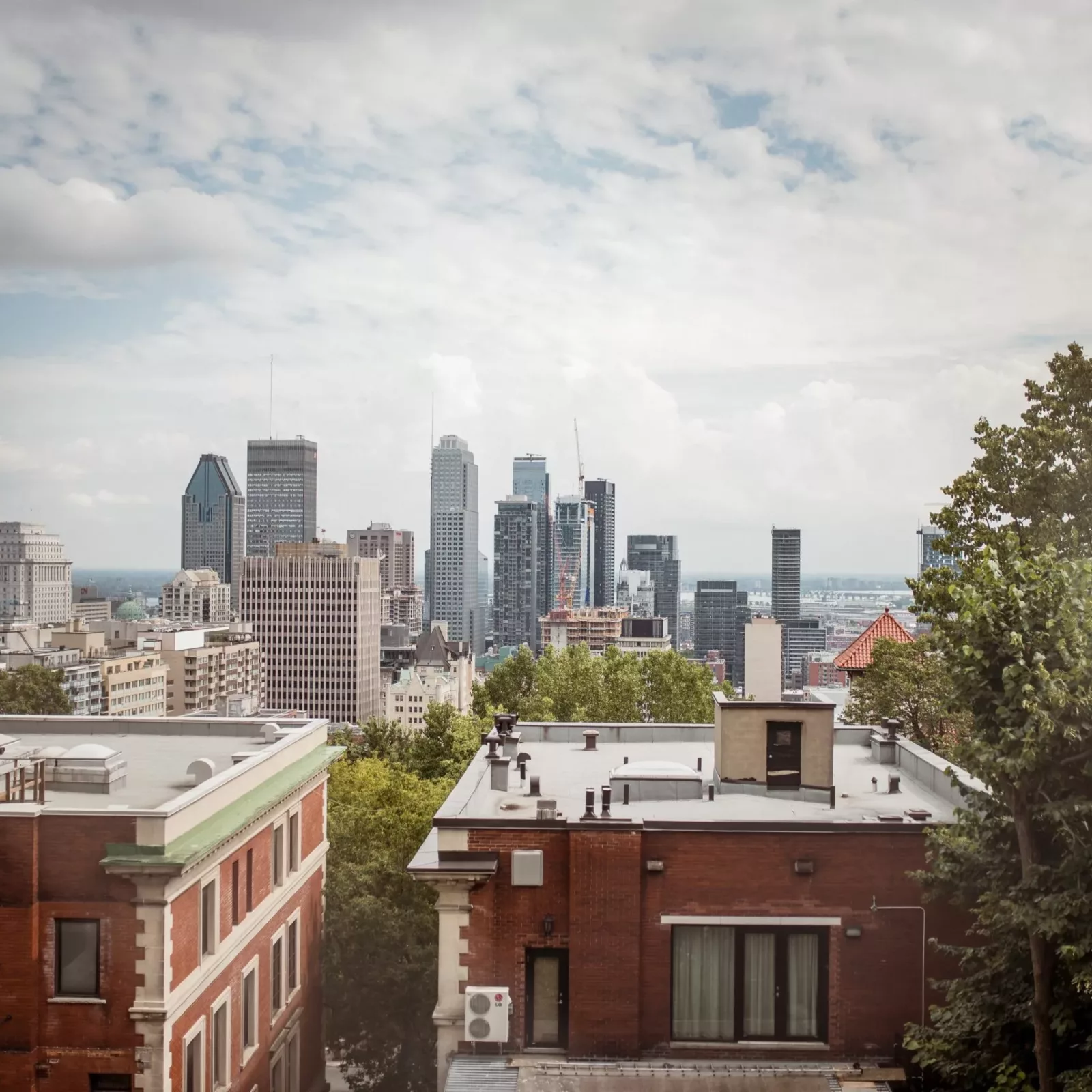 Images of skyscrapers in the distance from the top of a building